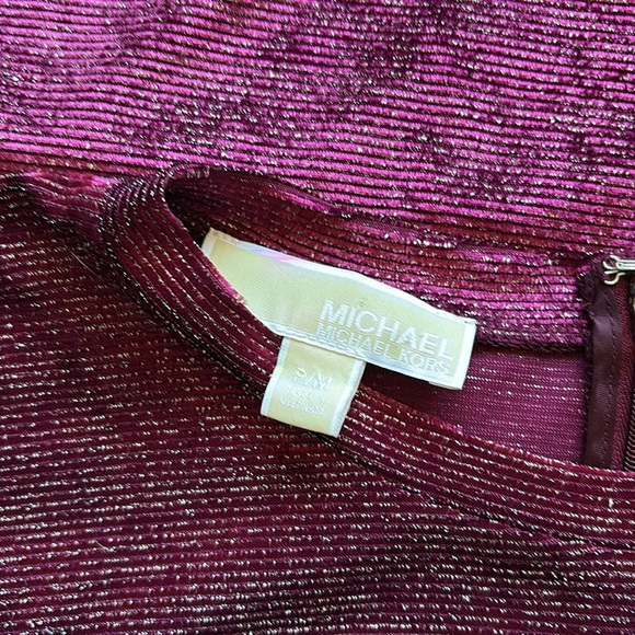 Michael Kors Burgundy Silver Metallic Knit Shift Dress Bell Sleeve Medium Petite - Picture 7 of 8